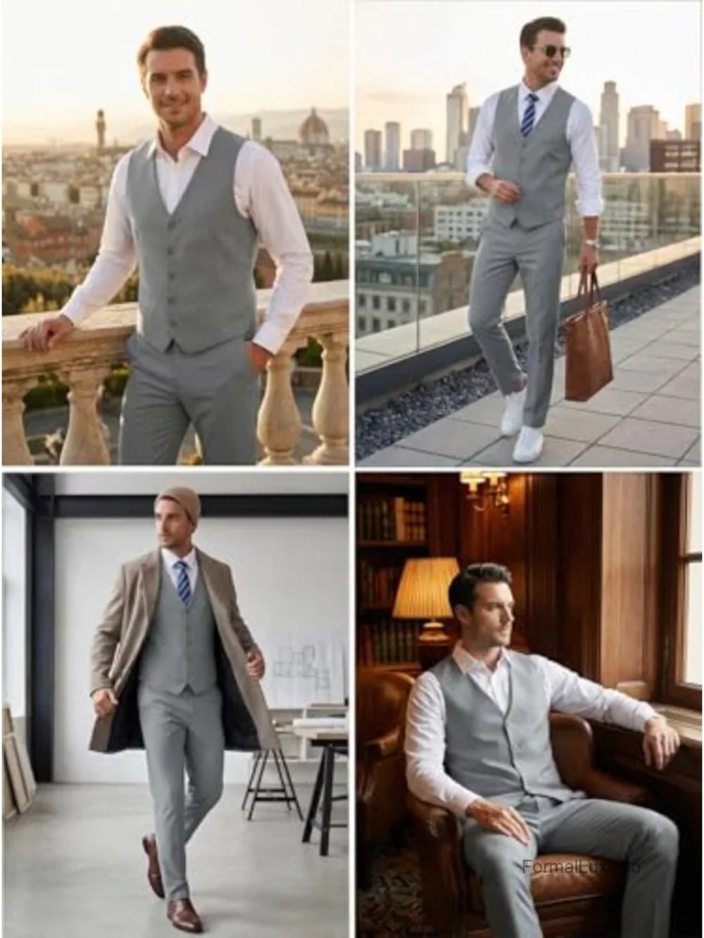 Men's 2-Piece Suit Set, Vest and Pants, V-Neck Slim Fit, Adjustable Back Belt,